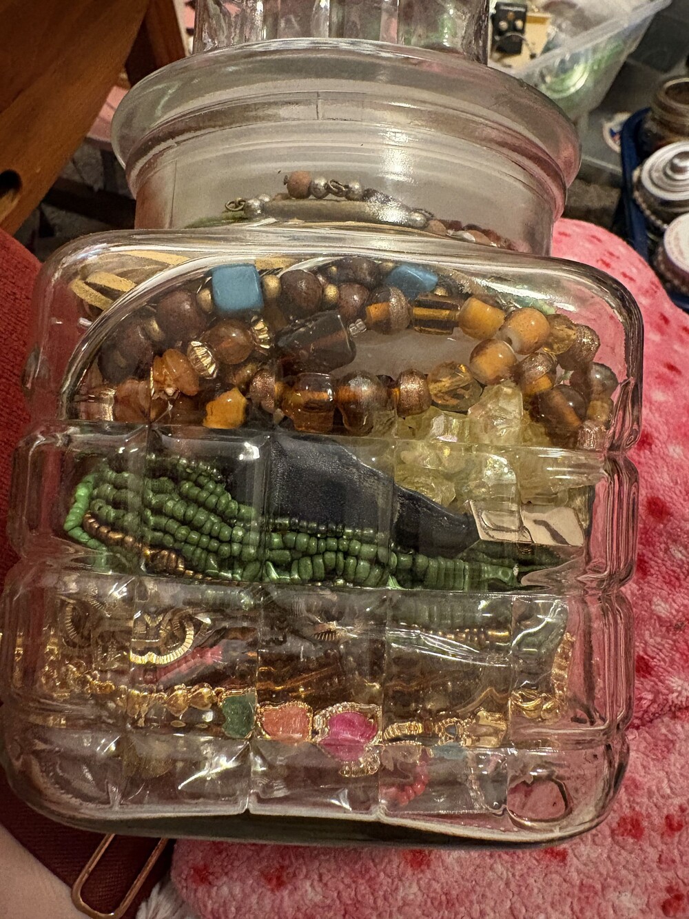 Large Glass Jar Filled with Assorted Jewelry Beaded Bracelets and Chains